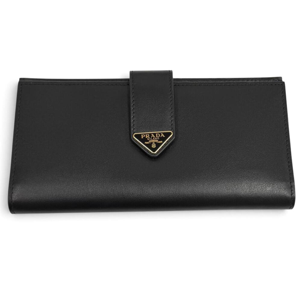 PRADA 1MV025 Triangle Logo City Calf Tab Long Wallet, Black, Made in Italy, W...